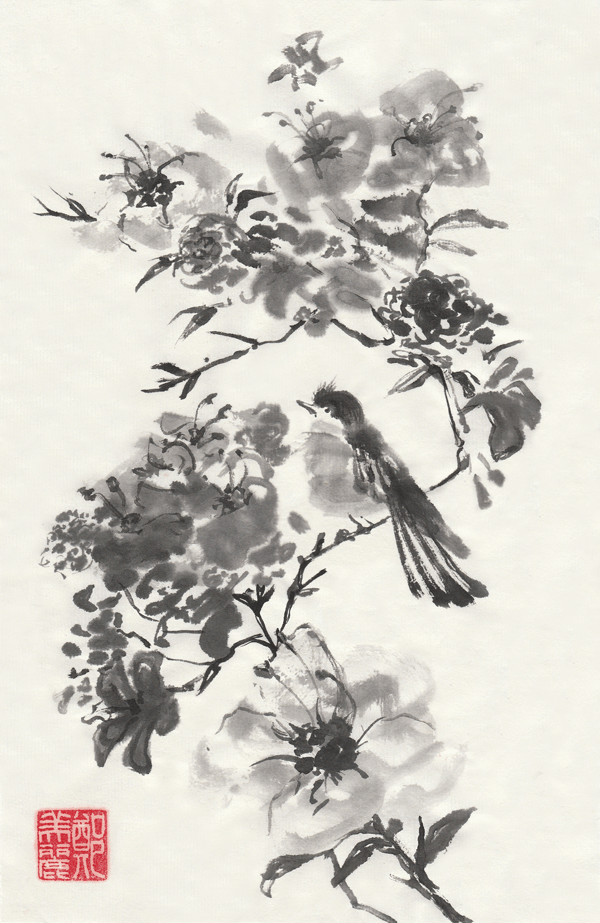 Chinese ink bird and flowers